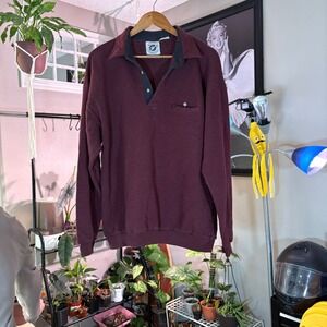 Vintage Mens Sweatshirt Burgundy Textured Pullover Collared Long Sleeve Top